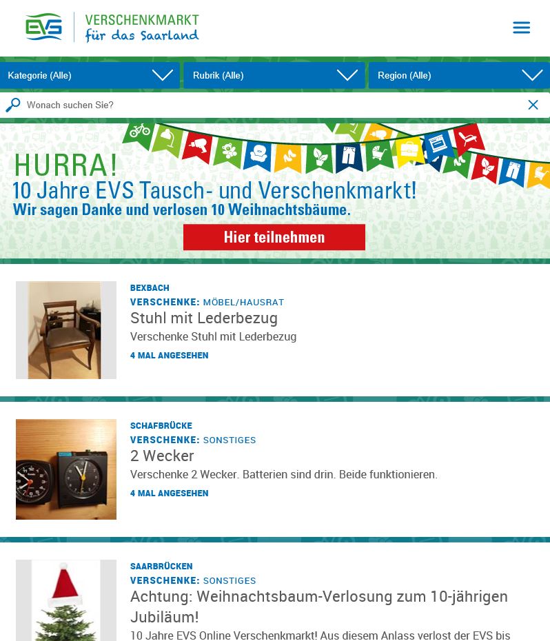 Benutzeroberfläche des Tausch- und Verschenkmarktes