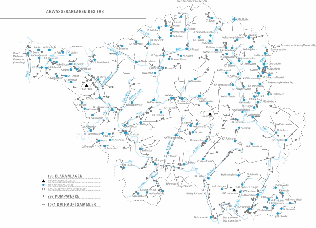 Karte des Saarlandes mit allen Kläranlagen und Pumpstationen des EVS